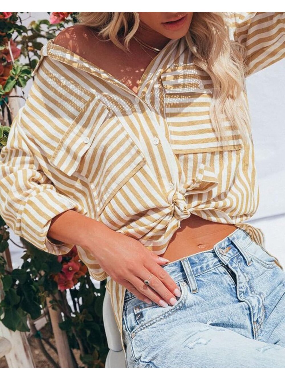🆕Women's Yellow Long Sleeve Button Down V Neck Casual Imported Blouses Shirts - Picture 3 of 4